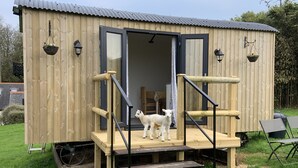 A wooden cabin with a wooden deck and a set of stairs leading to a door. - Shepherd's hut with hot tub (Bodmin)