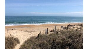 Ein Strand mit Holzfence und Dünen im Vordergrund.