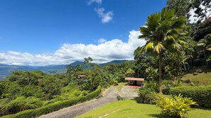 Un paisaje exuberante y verde con un sendero que lleva a un pequeño edificio de techo rojo, rodeado de vegetación densa y un cielo azul despejado.