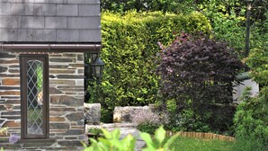 A stone building with a window and a garden with various plants and a tree. - Charming Guest House in Cornish countryside - Demelza Cottage (BODMIN)
