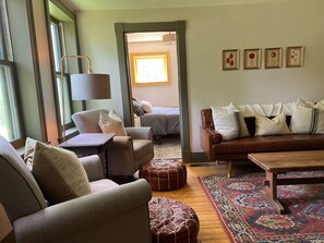 Smart TV, fireplace, table football, books