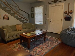 TV connectée, cheminée, livres