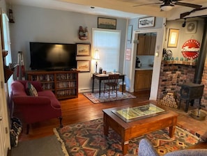 Smart TV, fireplace, books