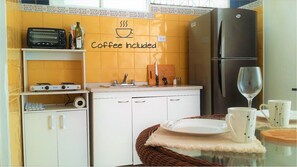 Fridge, microwave, coffee/tea maker, toaster