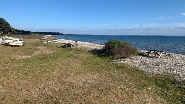 A beach with boats, a picnic table, and a grassy area. - Cozy cottage 250 m. from the beach. (Nykøbing sj.)