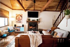 Älytelevisio, takka, kirjoja, stereot