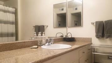 Tina, secadora de cabello, toallas, jabón