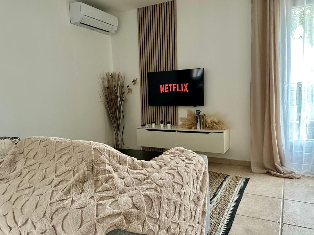 A living room with a TV displaying 'NETFLIX', a sofa, a decorative vase, and a window with curtains.