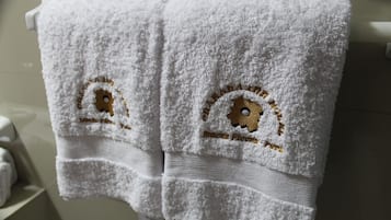 Douche, douche à « effet pluie », sèche-cheveux, peignoirs