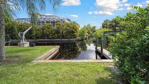 Ein friedlicher Außenbereich mit Wasserspiel, üppiger Bepflanzung und einem Gewächshaus.