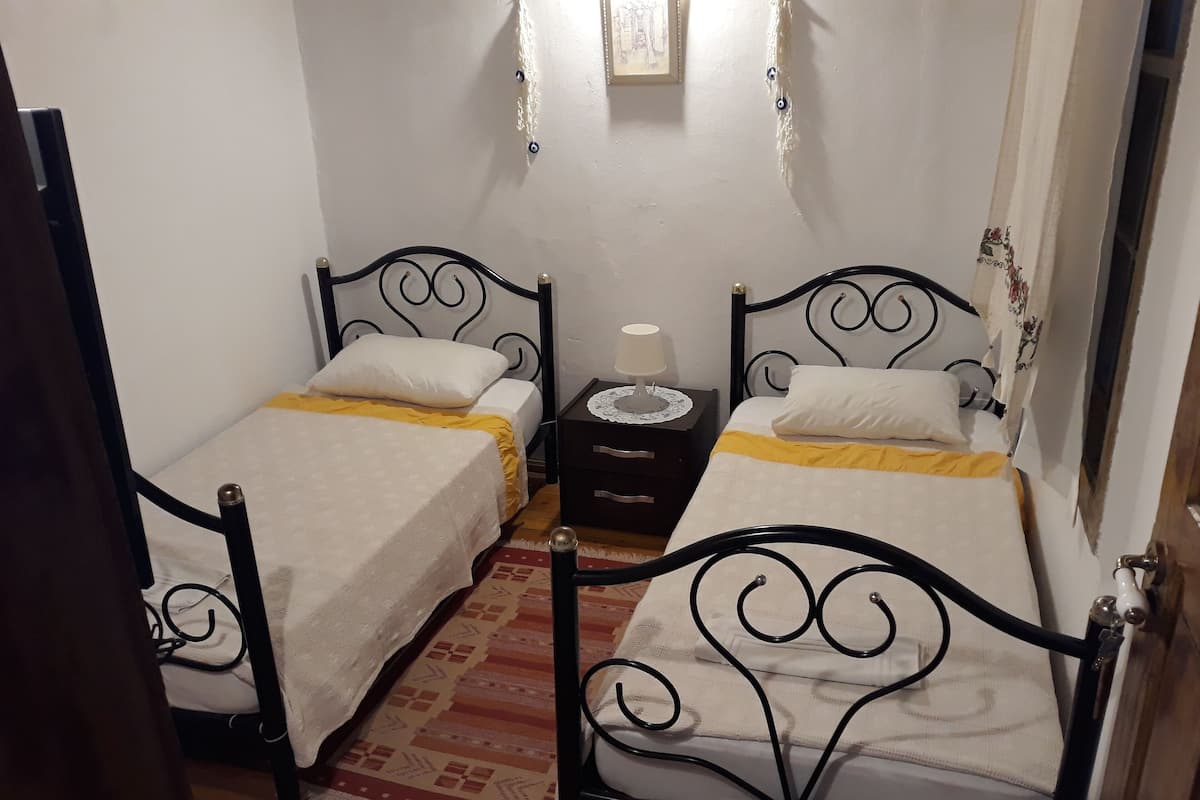 Une petite chambre confortable avec deux lits simples, une table de chevet avec une lampe et un tapis à motifs.