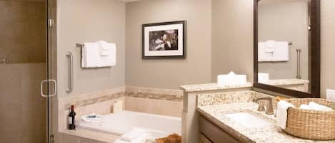 Bathtub, jetted bath, hair dryer, towels