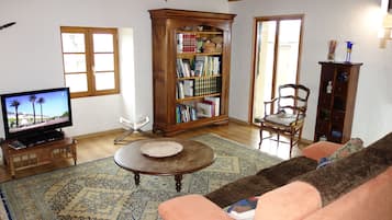 TV, fireplace, DVD player, books