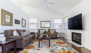 Smart TV, fireplace, books