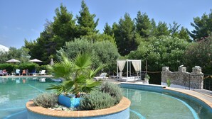 Ein Pool mit kreisförmigem Rand, umgeben von Liegestühlen, einer Palme und einer Steinmauer mit einer Pergola.