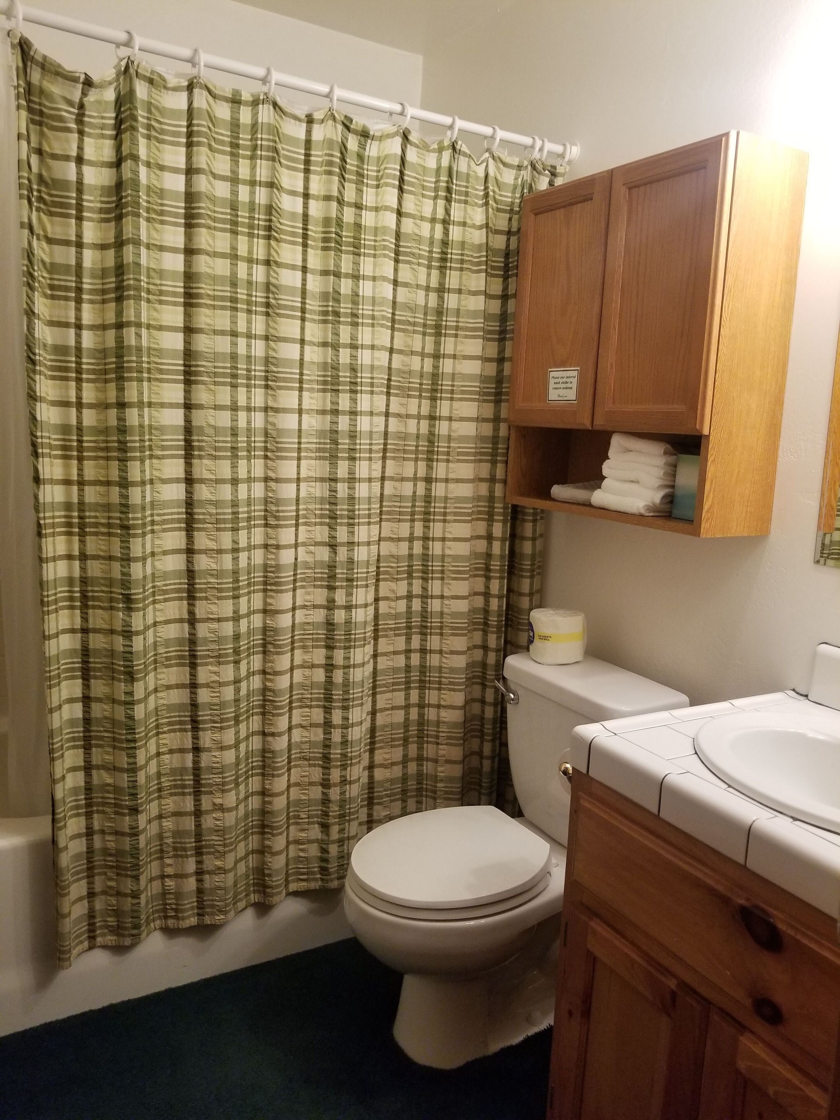 Ein Badezimmer mit gestreiftem Duschvorhang, Toilette und Holzausbau.