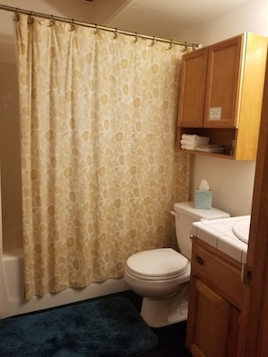 A bathroom with a toilet, a blue bath mat, a shower curtain, and wooden cabinets.