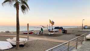 Una playa con varios barcos, una palmera y una bandera.