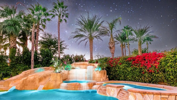Un área de piscina con una cascada, rodeada de palmeras y flores rojas.