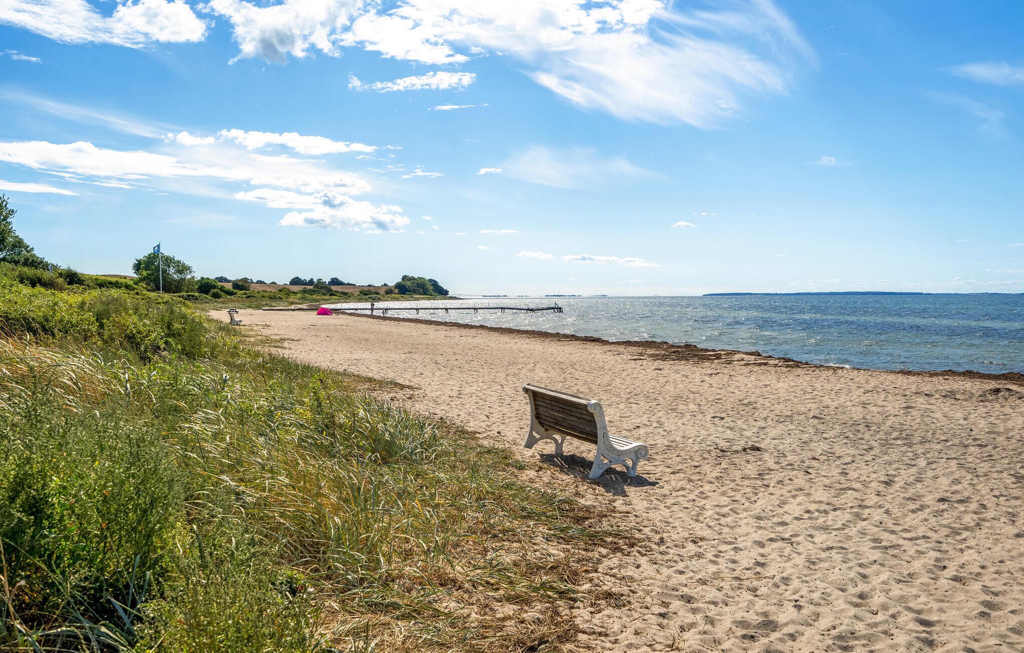 Ein Strand mit einer Holzbank und einem Pier im Hintergrund.