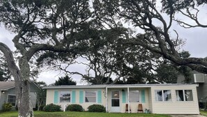 A single-story house with a front porch, a small garden, and a large tree in front.