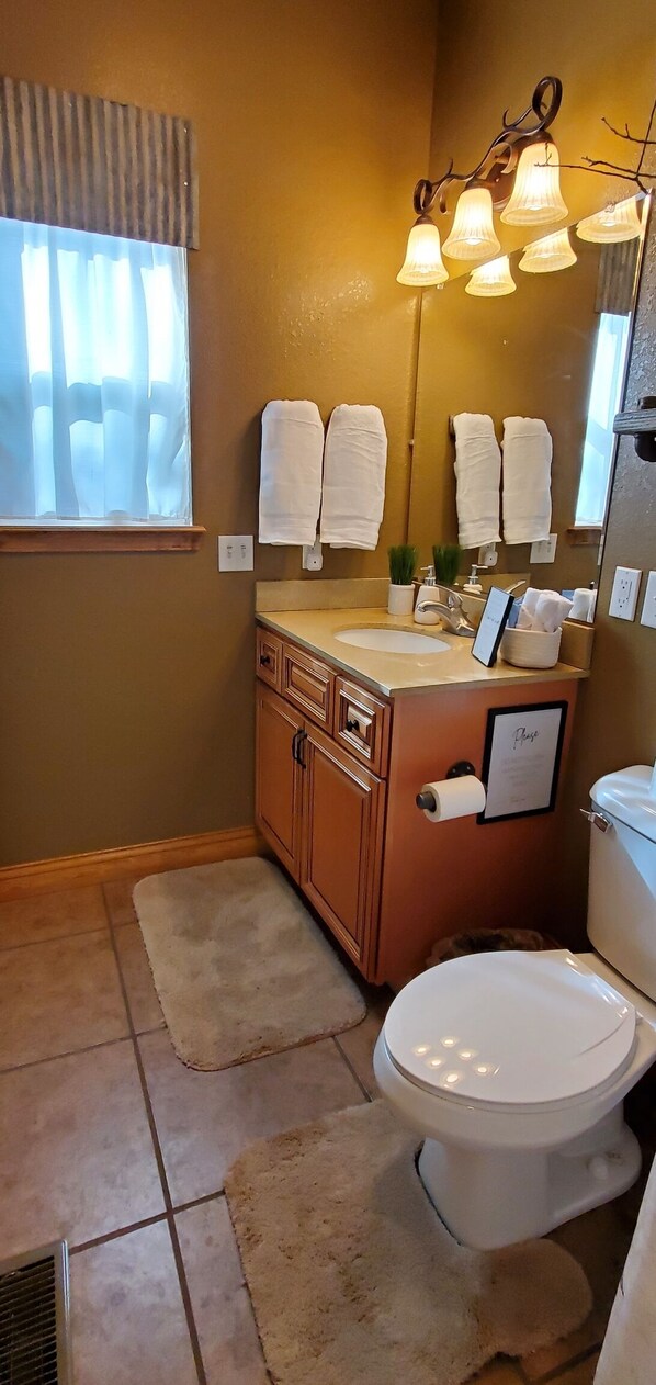 A bathroom with a toilet, sink, and mirror. There are towels hanging on the wall, a window with curtains, and a small plant on the counter. - Secluded Lakefront Retreat on 60 Acres Private Dock, Fishing & Wildlife (Gravois Mills)