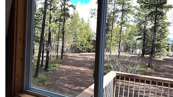 Depuis la fenêtre, on aperçoit une zone boisée avec un sentier de terre, une terrasse en bois et une rambarde en métal.