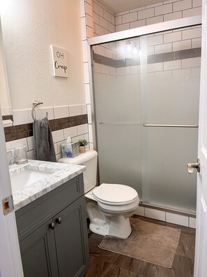 Shower, hair dryer, towels, soap