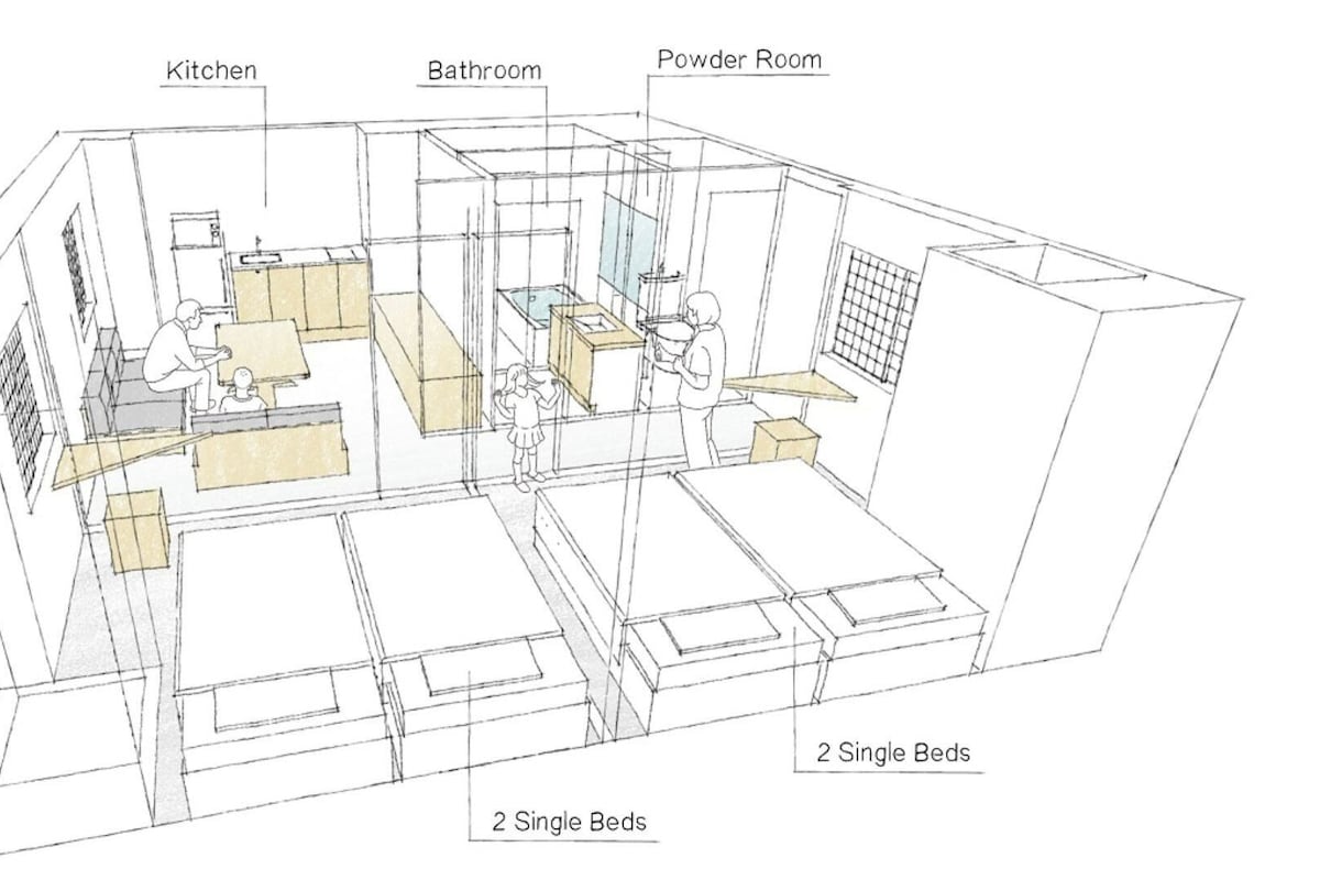 A 3D architectural floor plan with labeled rooms including a kitchen, bathroom, powder room, and two single beds.