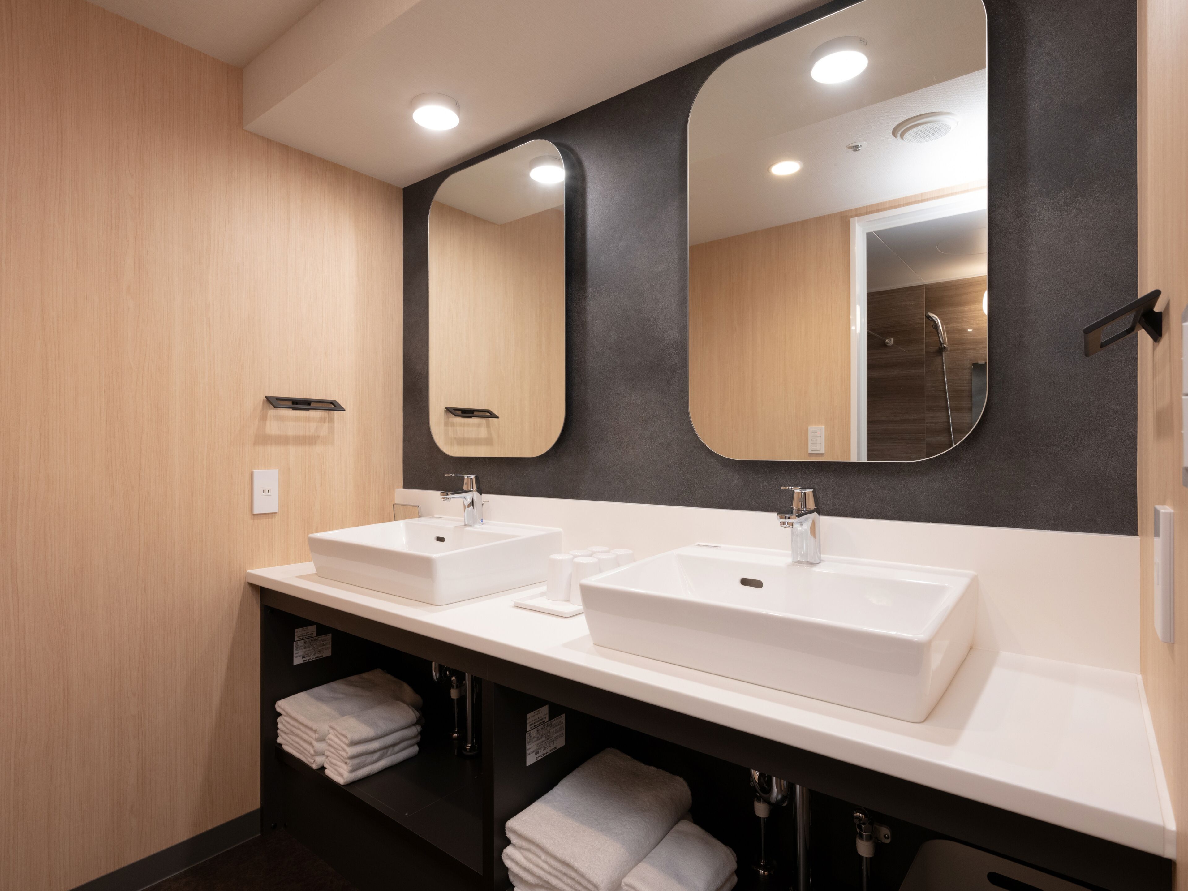 Een moderne badkamer met twee wasbakken, een grote spiegel en een handdoekrek.