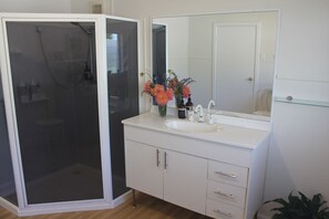 Shower, hair dryer, towels, soap