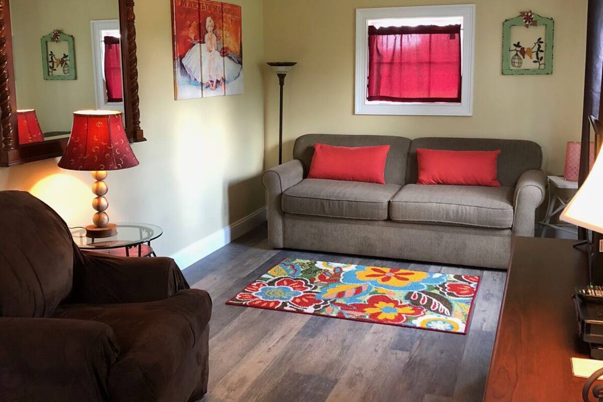 Un salon comprenant un canapé, un fauteuil, une table basse, un tapis, une lampe et un miroir.