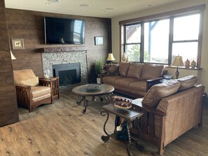 Smart TV, chimenea, reproductor de DVD y libros 