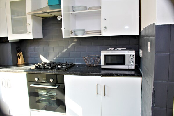 Fridge, microwave, oven, electric kettle