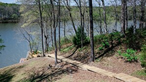 Pasarela de madera que conduce a un muelle junto a un lago, rodeado de árboles y zonas verdes.