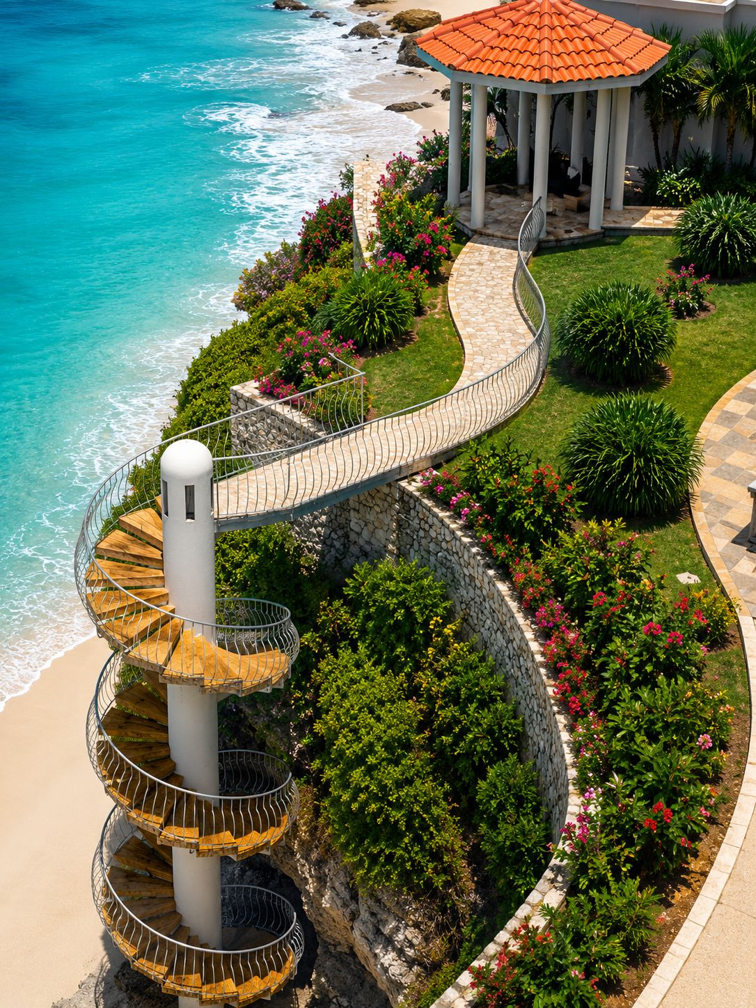 Una escalera de caracol conduce a una zona de playa con un pabellón.
