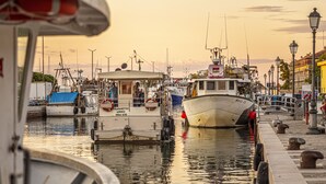 Un puerto deportivo con barcos amarrados, un barco cubierto y un paseo marítimo con farolas.