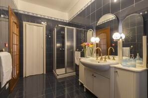 Combined shower/bathtub, hair dryer, bidet, towels