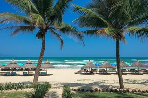 A beach with palm trees, beach chairs, and thatched umbrellas.