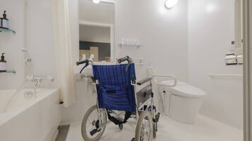 Une salle de bain accessible aux personnes en fauteuil roulant, équipée de toilettes, d’un lavabo et d’un miroir.