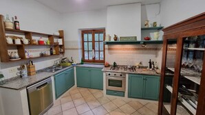 A kitchen with teal cabinets, a dishwasher, a stove, and various kitchen items on shelves and countertops.