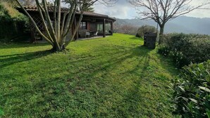A house with a patio, a lawn, and a view of the mountains.
