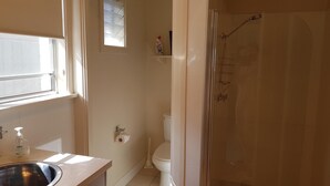 A bathroom with a shower, toilet, sink, and a window with blinds.