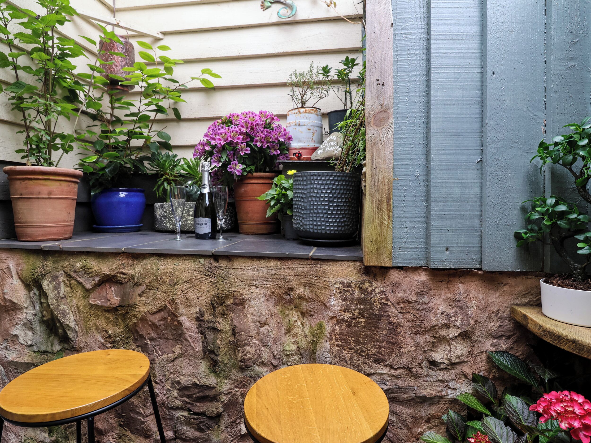 A stone wall with a shelf holding potted plants and a bottle of wine.