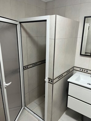 Shower, hair dryer, bidet, towels
