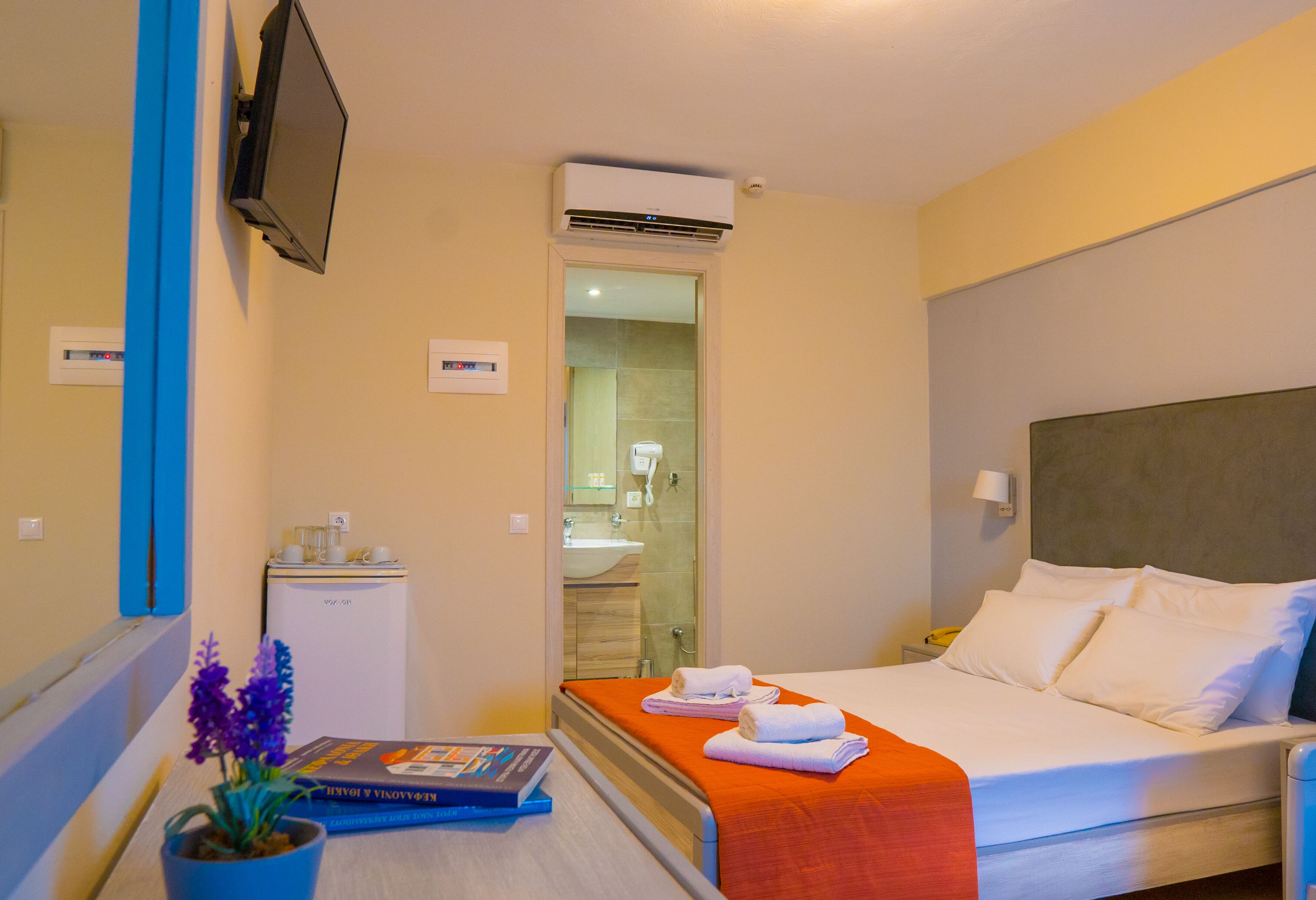 Ein Hotelzimmer mit einem Bett, einem kleinen Schreibtisch mit Pflanze und Buch, einem an der Wand befestigten Fernseher und einer Klimaanlage.