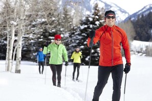 A group of people cross-country skiing in a snowy landscape with trees and mountains in the background.