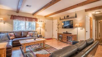 Smart TV, fireplace, video games, DVD player