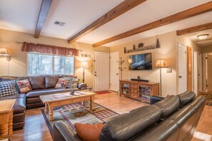 Smart TV, fireplace, video games, DVD player