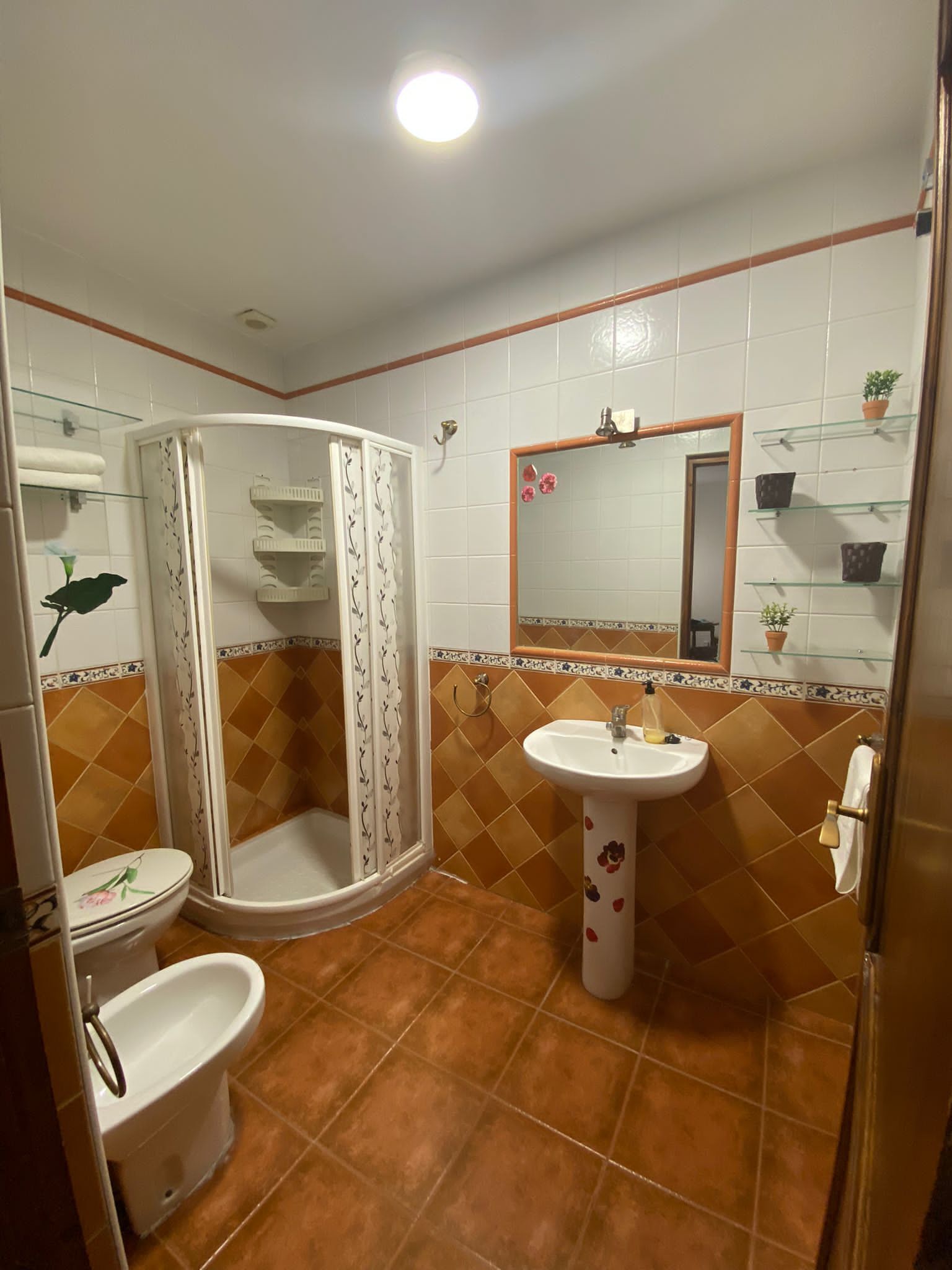 Douche, bidet, serviettes fournies, savon